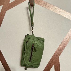 Ampere Creations sage green wristlet with shoulder strap